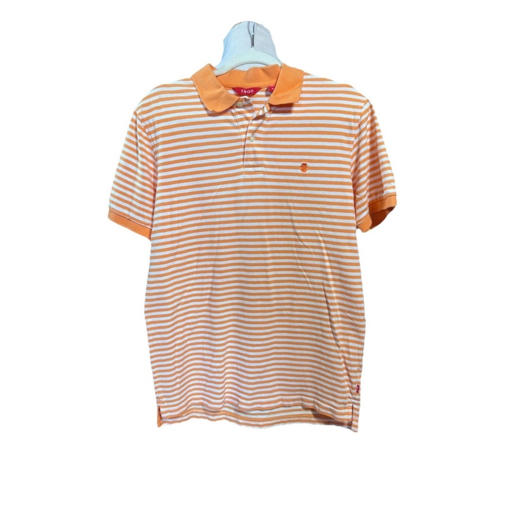 IZOD Polo Shirt Mens Medium Orange White Stripe Cotton Golf Preppy Casual